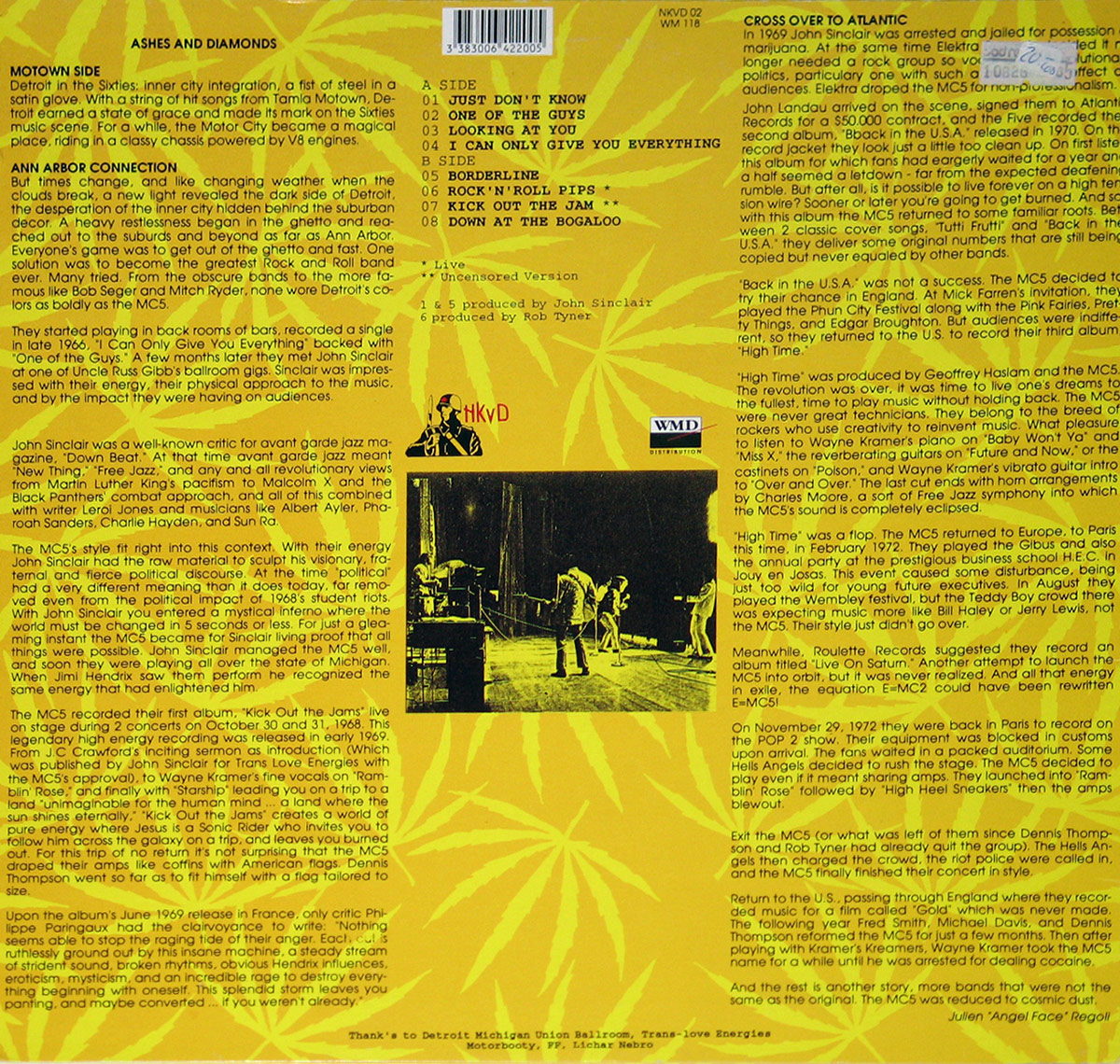 Back cover of the album 'MC5 - Vintage Years' with a bold yellow background and a repeating marijuana leaf pattern. The cover contains dense black text detailing MC5’s history, influences, and tracklist. A sepia-toned photo in the bottom right shows the band performing live under stage lights. Various logos and credits are also present.