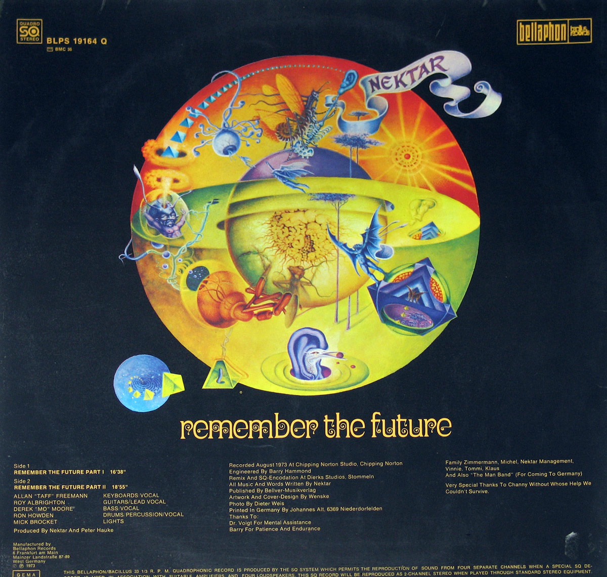Back cover of Nektar's 'Remember the Future' album, featuring a surreal cosmic landscape within a circular frame. The artwork displays floating organic and mechanical elements, celestial beings, and a cracked planet-like sphere in the center, all surrounded by a deep black background with album credits and track details.