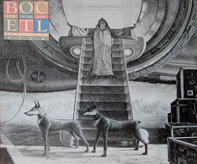 The cover of Blue Öyster Cult's 'Extraterrestrial Live' album depicts a mysterious robed figure standing at the top of a metallic stairway extending from a massive alien spacecraft, while two spectral Doberman-like creatures stand guard in a desolate, sci-fi landscape with stacked road cases marked 'BOC' nearby.