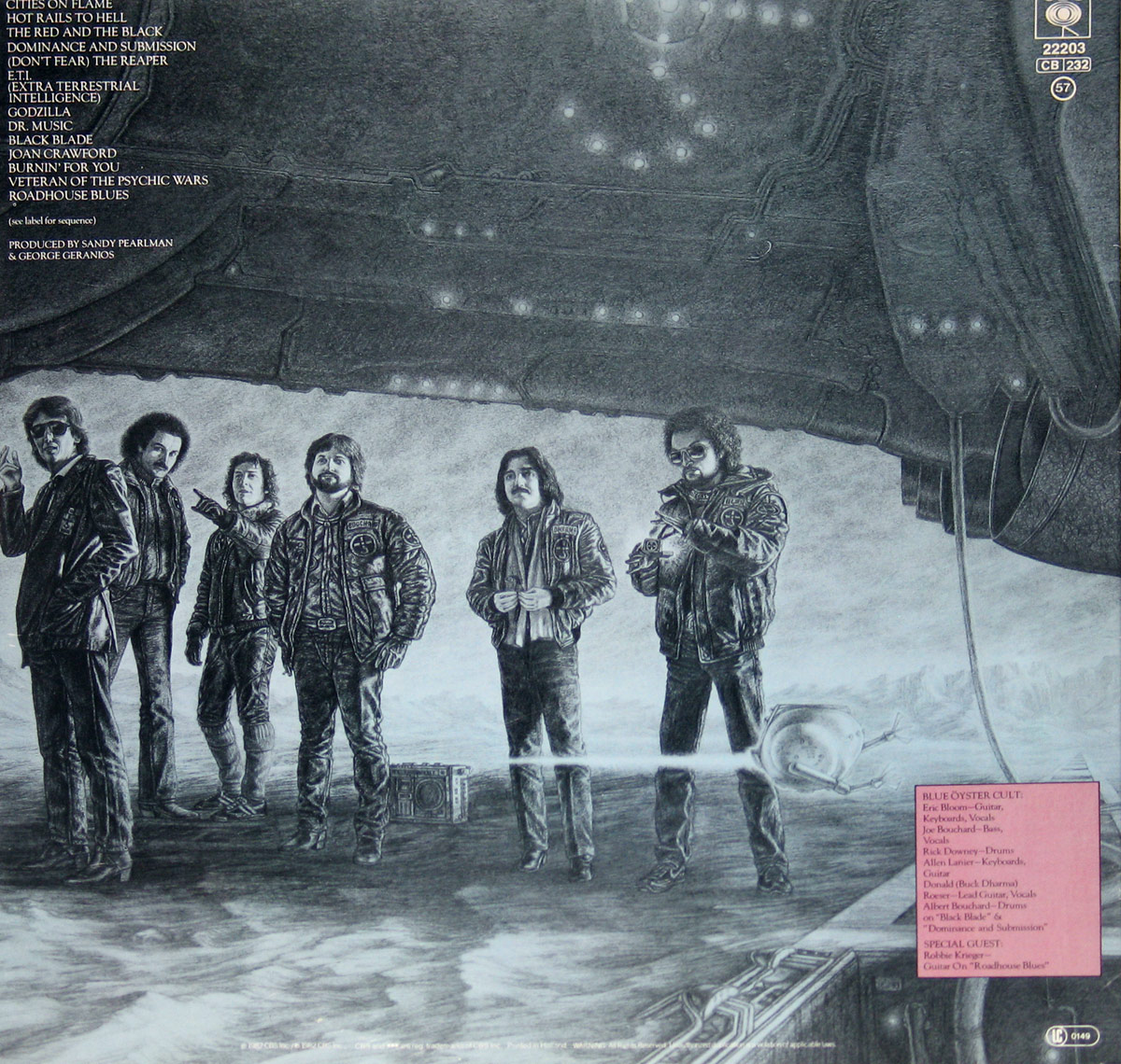 The back cover of Blue Öyster Cult's 'Extraterrestrial Live' album features a black-and-white illustration of the band standing beneath a massive alien spacecraft. The five members wear leather jackets adorned with patches, their expressions a mix of awe and confidence as they look outward. The scene is set in a desolate, rocky landscape. Above them, the looming ship has an intricate, biomechanical structure with glowing lights. The tracklist is printed in the upper left corner, while a small pink box in the lower right lists the band members and credits.