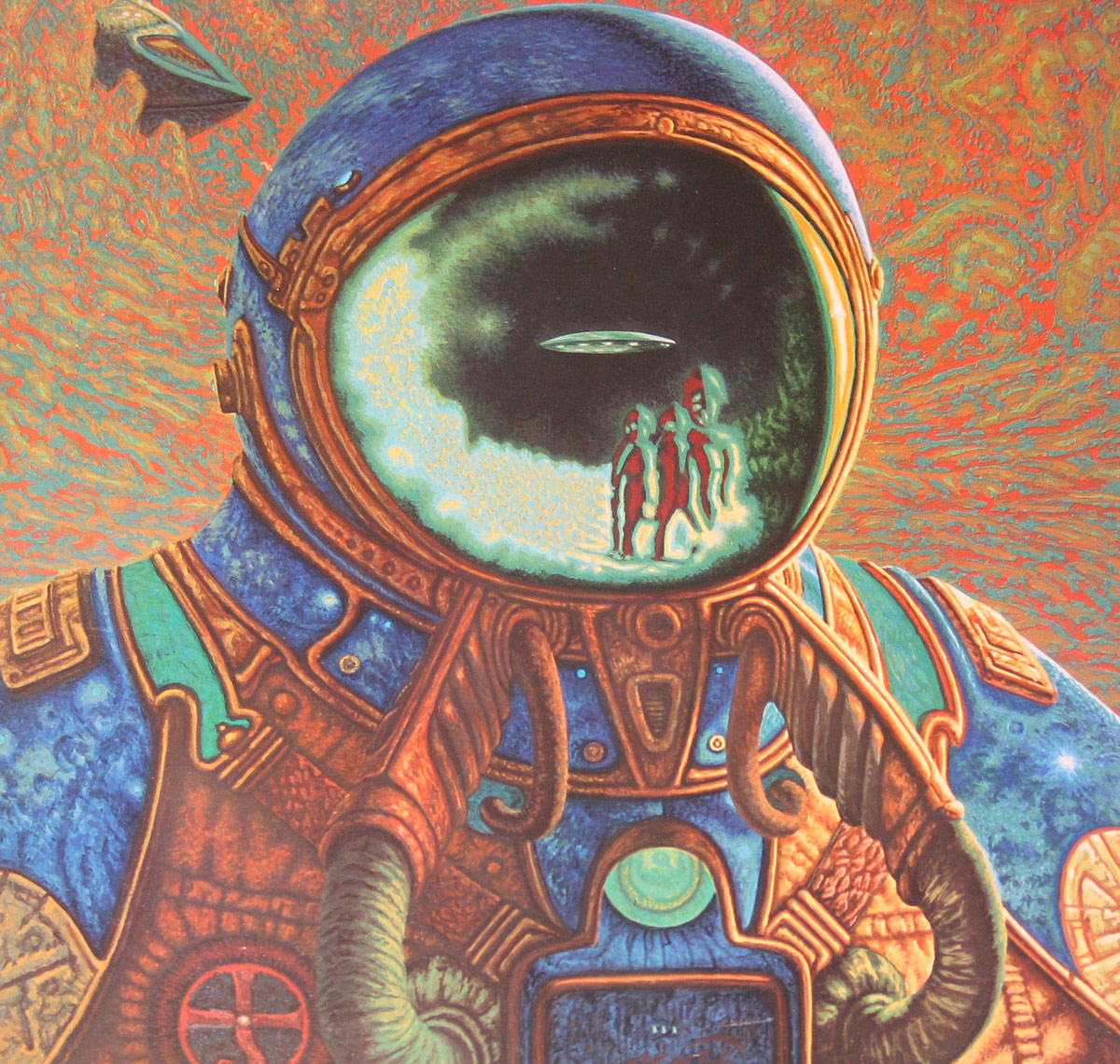 A surreal and vividly colored artwork from Blue Öyster Cult’s 'Extraterrestrial Live' album. A massive astronaut-like figure in an elaborate, steampunk-inspired spacesuit dominates the scene. The reflective helmet visor reveals an eerie vision—three humanoid figures standing beneath a hovering UFO, their silhouettes distorted by the glass. The suit is richly textured with copper and blue tones, adorned with tubes, intricate engravings, and mysterious technology. The background swirls in fiery red and orange hues, with another distant alien spacecraft soaring through the sky.