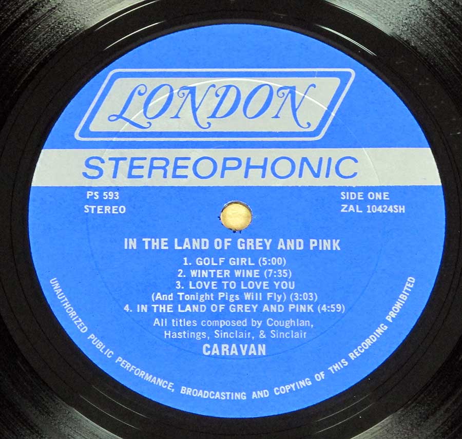 Close up of record's label CARAVAN - In The Land Of Grey And Pink Side One