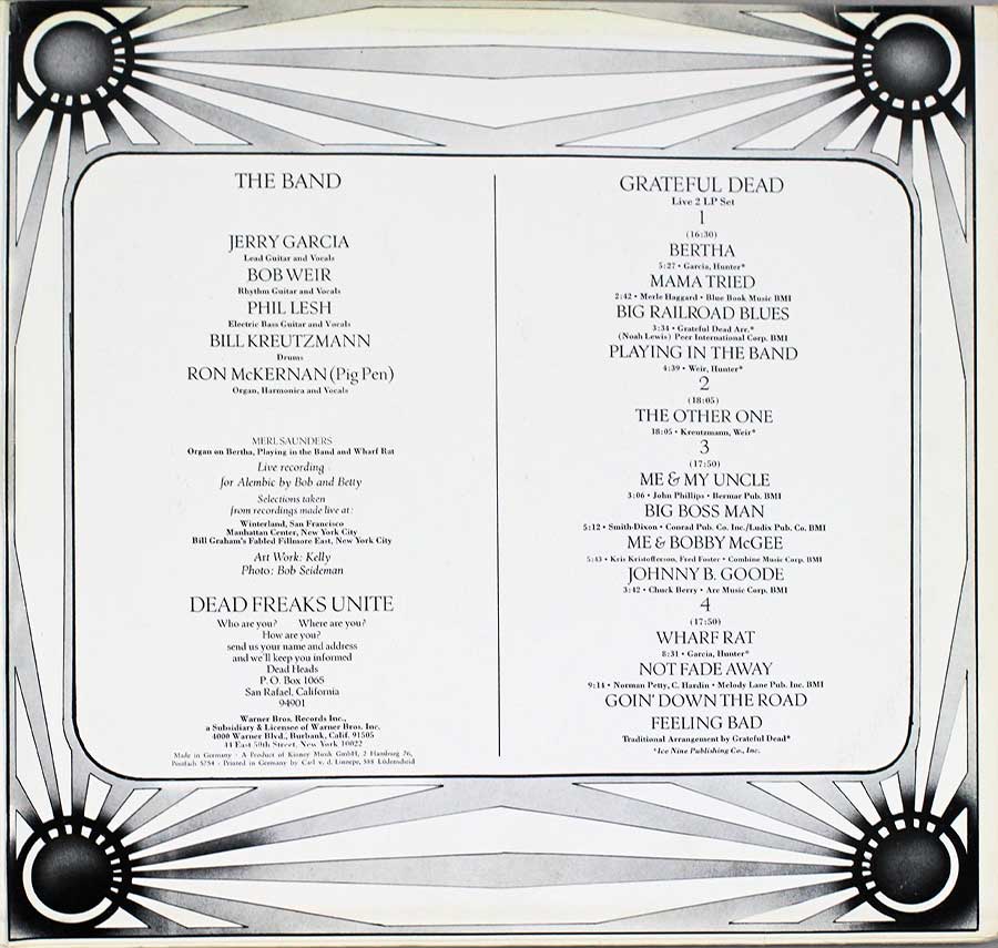 GRATEFUL DEAD - Live Aka Skull And Roses 2LP 12" ALBUM VINYL  inner gatefold cover