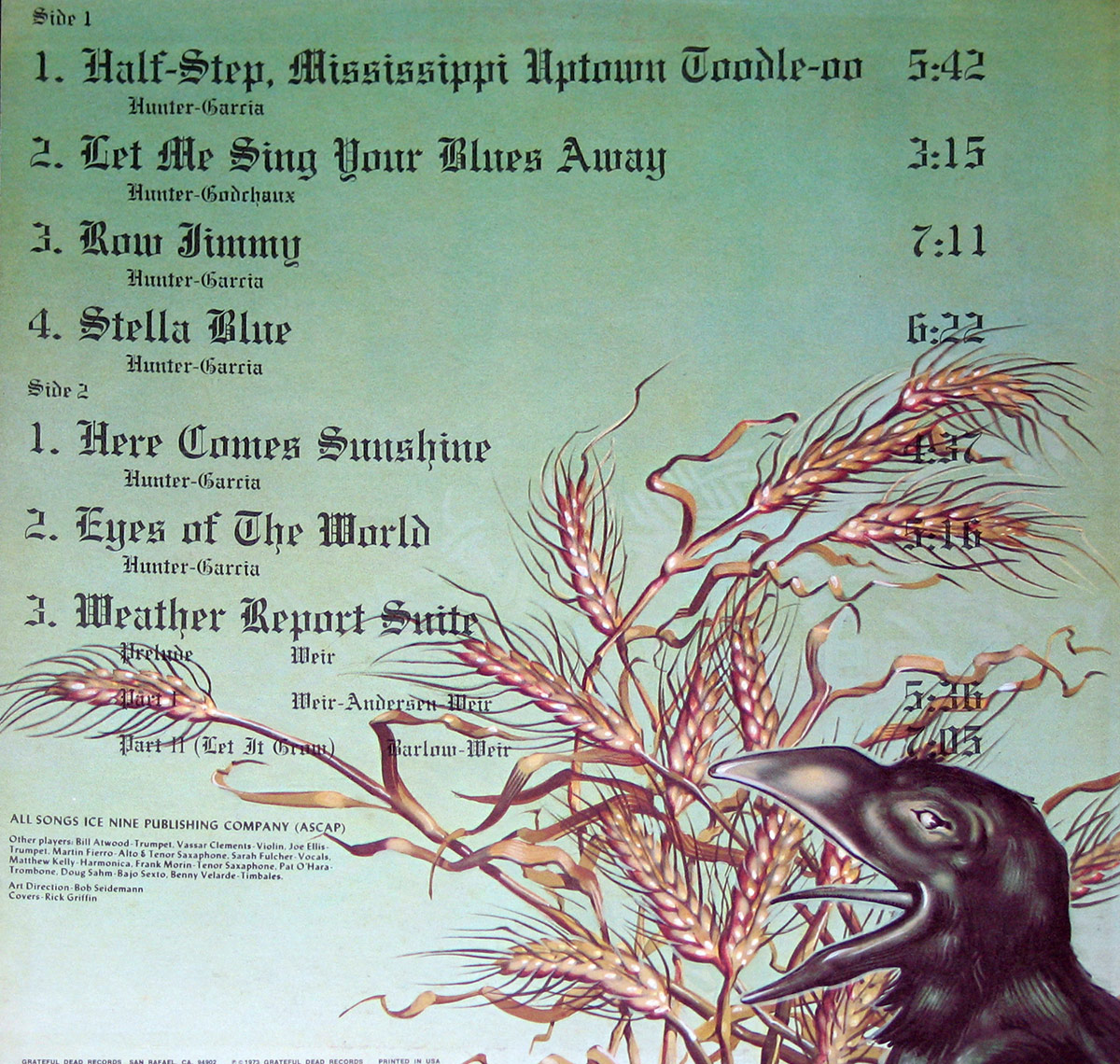Grateful Dead - Wake of the Flood back cover featuring an illustrated raven with its beak open against a pale green sky, with twisted golden wheat stalks reaching toward the sky. The tracklist is written in ornate, old-world script, blending seamlessly with the organic design.