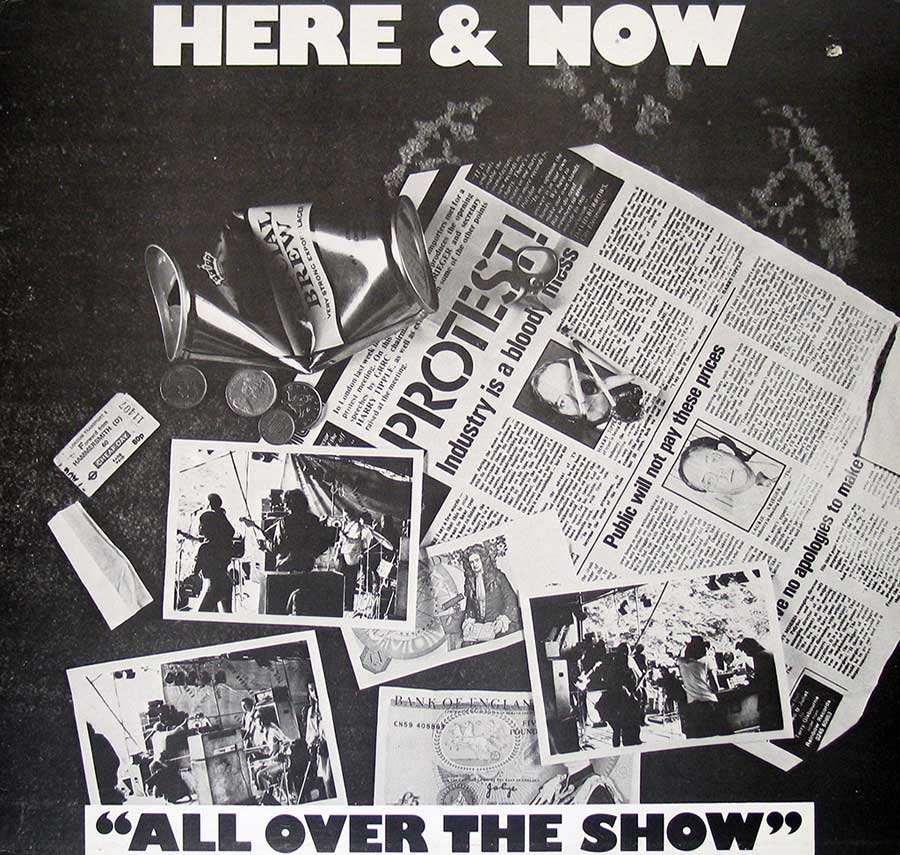 ‘Album cover for Here & Now’s “All Over the Show,” showing a collage with crumpled beer cans, concert photos, protest newspaper headlines, loose coins, and a ticket stub, evoking a gritty, live performance atmosphere.’