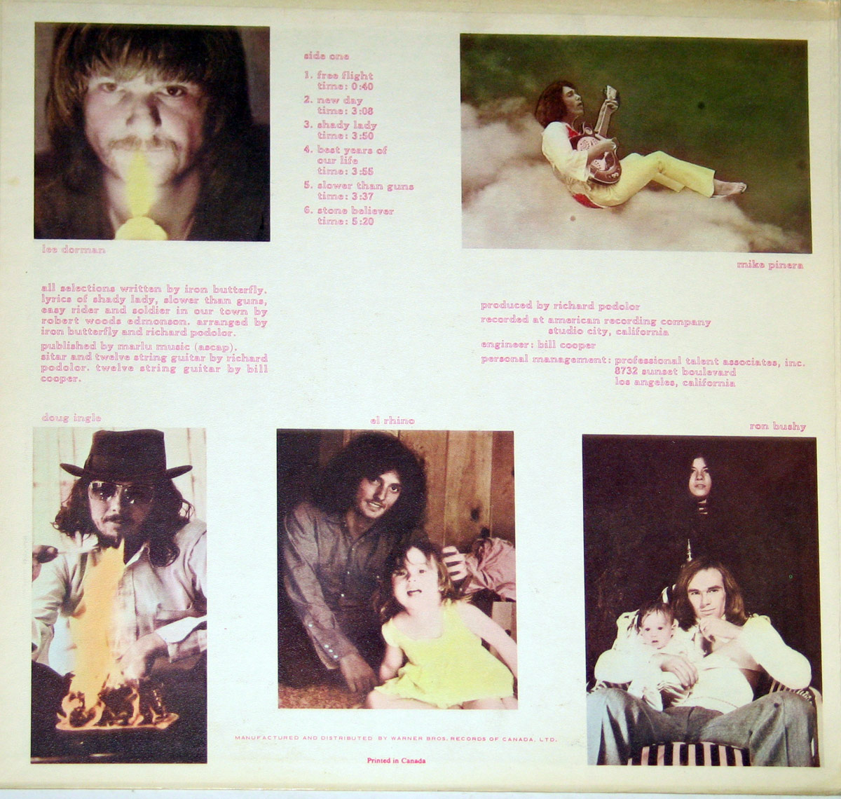 Inner sleeve of Iron Butterfly's 'Metamorphosis' album. A white background with five photographs of the band members, featuring surreal and intimate imagery. Les Dorman’s face glows as he holds a mysterious yellow orb. Mike Pinera reclines on a cloud, playing guitar in yellow pants and a white shirt. Doug Ingle wears sunglasses and a hat, with flames appearing to rise in front of him. El Rhino poses indoors with a child, while Ron Bushy sits with a baby and a woman in a dark backdrop. Text in soft pink lists track titles, production credits, and recording details.