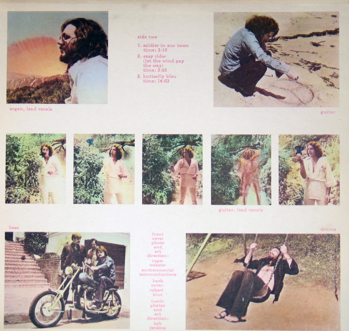 Inner sleeve of Iron Butterfly's 'Metamorphosis' album. A white background with a collage of photographs featuring band members in surreal and candid settings. Doug Ingle gazes at a sunset-tinted horizon, while another member crouches on a sandy beach, drawing in the sand. Below, a sequence of four images shows a musician walking through lush greenery in a white suit. A separate image captures a member holding a blue butterfly. Another photo features two band members on a chopper-style motorcycle in front of a brick staircase. The final image shows Ron Bushy on a swing, dressed in black, mid-motion. The tracklist and credits are printed in pink text, attributing the back cover to artist Robert Blue and the photography to Bob Jenkins.