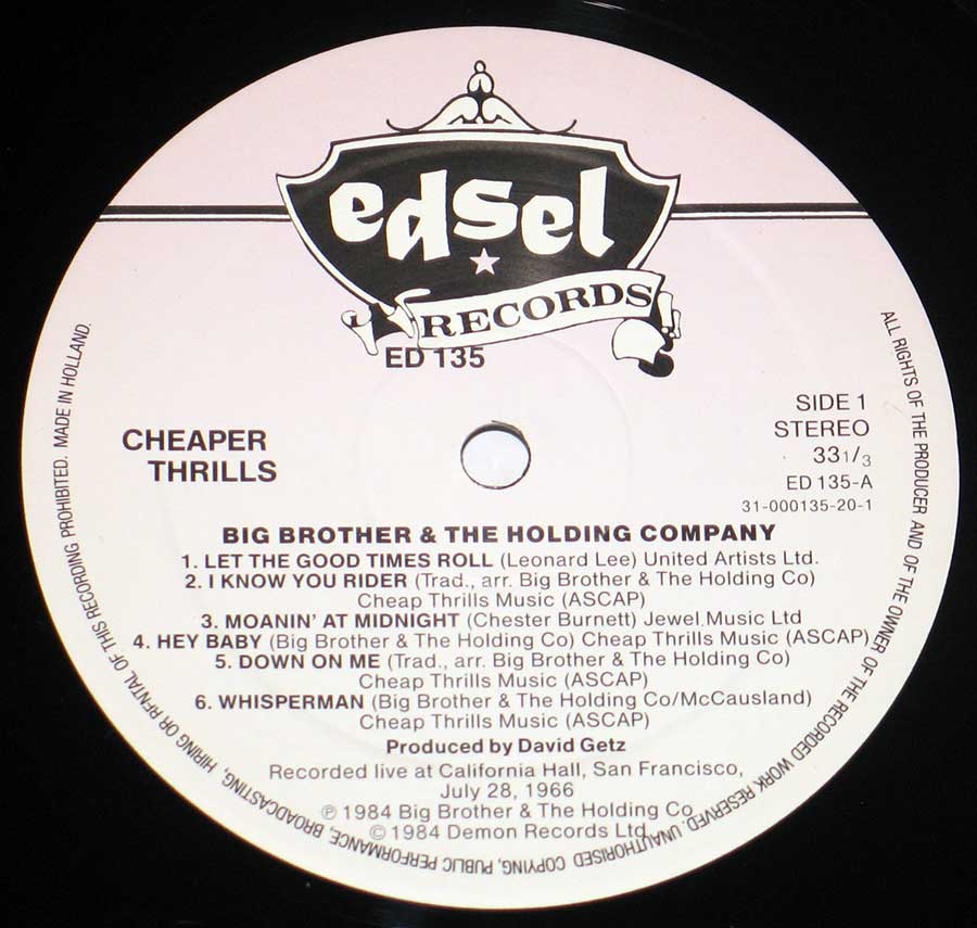 Cheaper Thrills By Janis Joplin & Big Brother Holding Company 12" Vinyl LP ALbum enlarged record label