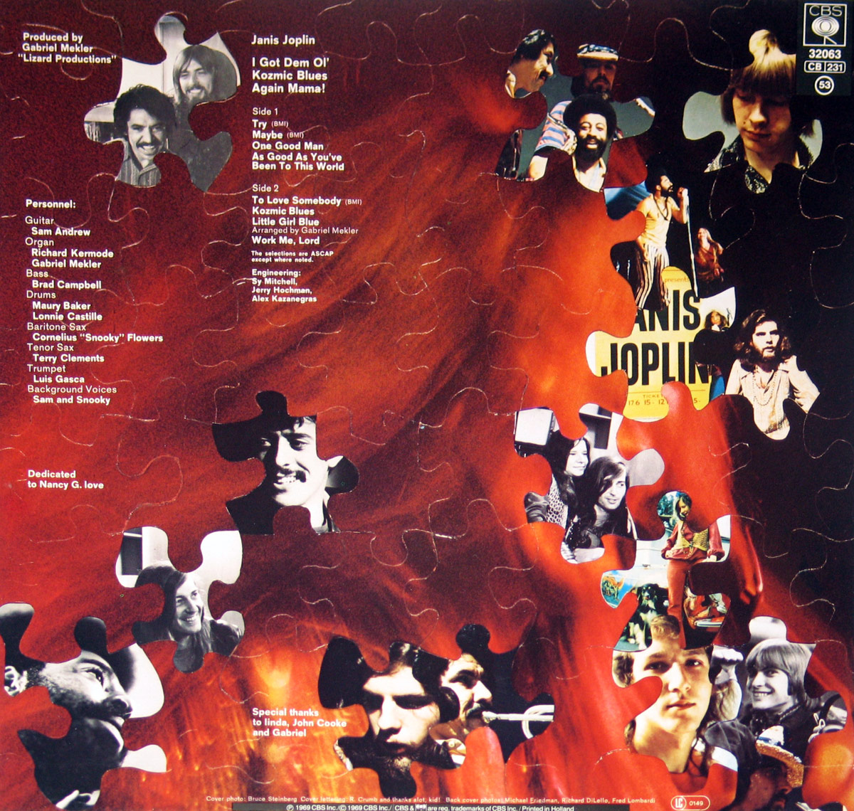 Surreal, puzzle-piece back cover of Janis Joplin's 'I Got Dem Ol' Kozmic Blues Again Mama!' featuring deep red hues with fragmented images of band members, production credits, and tracklist, creating a chaotic yet intimate visual echo of the album’s raw blues-rock energy.