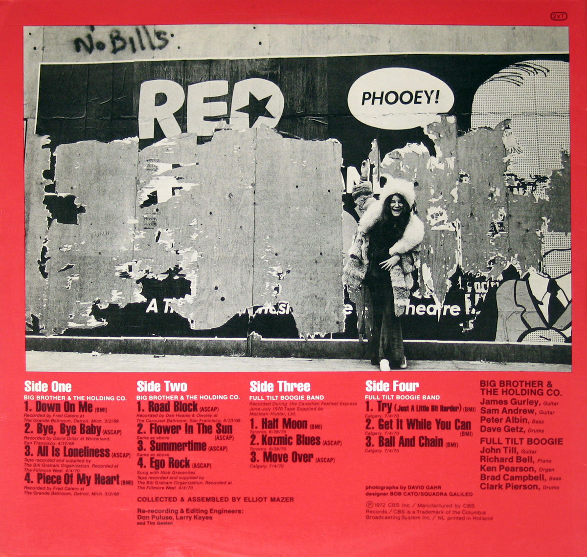 Back cover of 'Joplin In Concert' featuring a weathered, partially torn black-and-white wall poster with bold text 'RED' and a speech bubble reading 'PHOOEY!' Janis Joplin stands to the right, draped in a lavish fur coat, smiling with arms playfully posed. The lower section of the cover presents the album’s tracklist in bold red text, along with musician credits and production details.