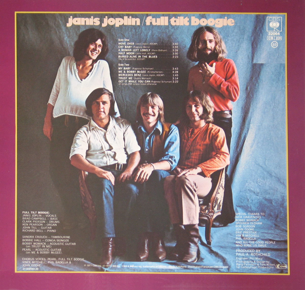 Janis Joplin - Pearl 12-inch Vinyl LP back cover featuring Janis Joplin and the Full Tilt Boogie Band posing against a moody blue fabric backdrop. The band members, dressed in casual 70s attire, are seated and standing in relaxed postures. The back cover includes the tracklist, musician credits, production details, and special thanks. The album title is displayed in bold yellow text at the top, emphasizing the band's name.