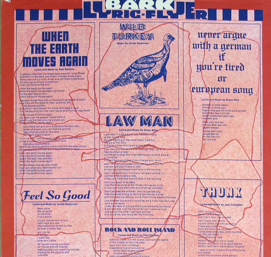 JEFFERSON AIRPLANE - Bark Lyrics Insert 12" LP Vinyl Album custom inner sleeve