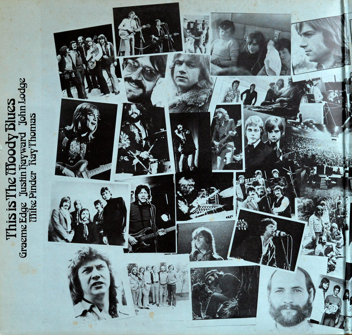 Left Inside gatefold of 'This Is The Moody Blues' (1974). A black and white collage featuring candid and performance shots of the band. Images include live concerts, studio sessions, casual moments, and group portraits. The band members, including Graeme Edge, Justin Hayward, John Lodge, Mike Pinder, and Ray Thomas, are captured in various settings, showcasing their musical journey and camaraderie.