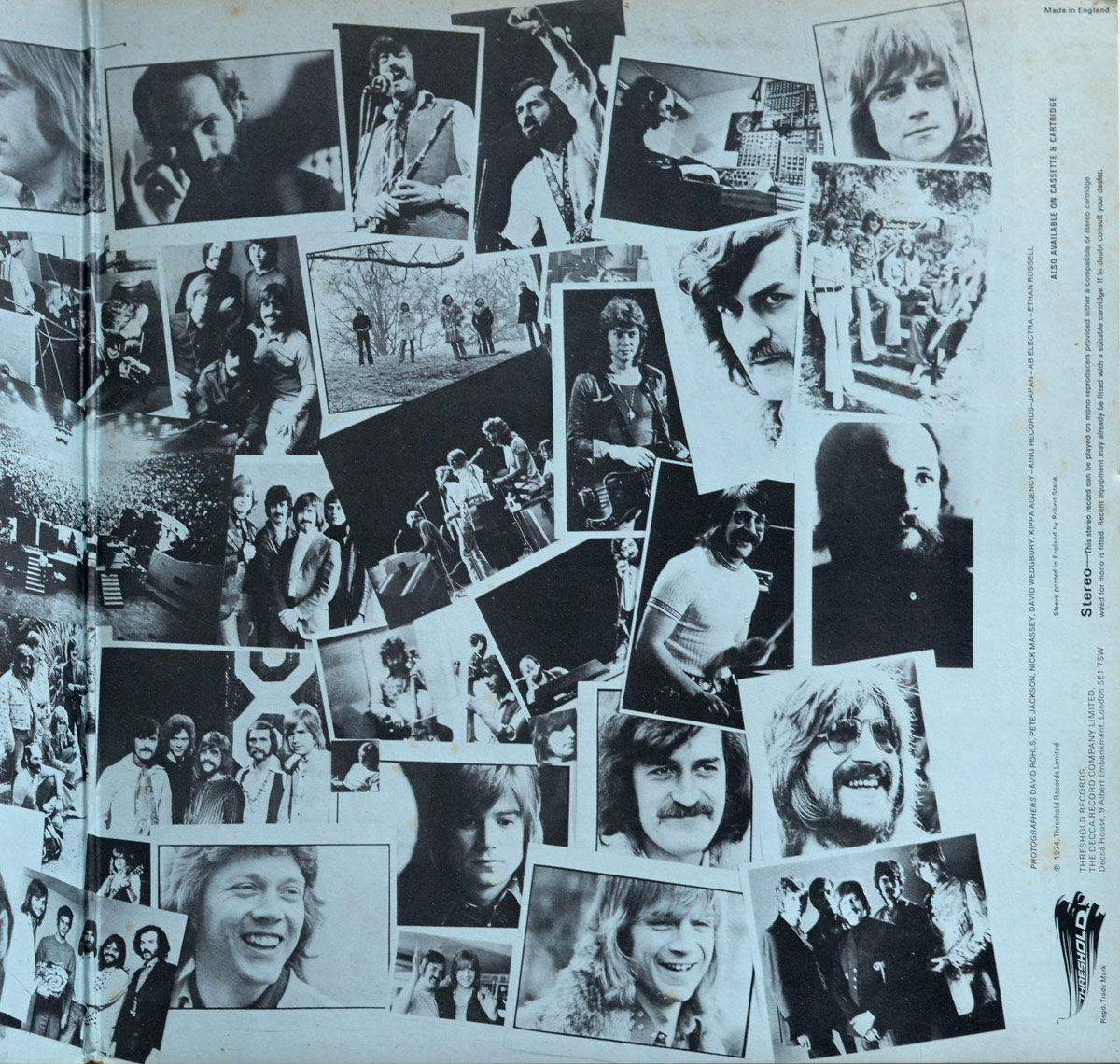 Inside gatefold of 'This Is The Moody Blues' (1974). A black and white photographic collage featuring the band in live performances, casual settings, and studio moments. Includes images of band members singing, playing instruments, interacting with fans, and relaxing outdoors. The right side contains production credits and the Threshold Records logo.
