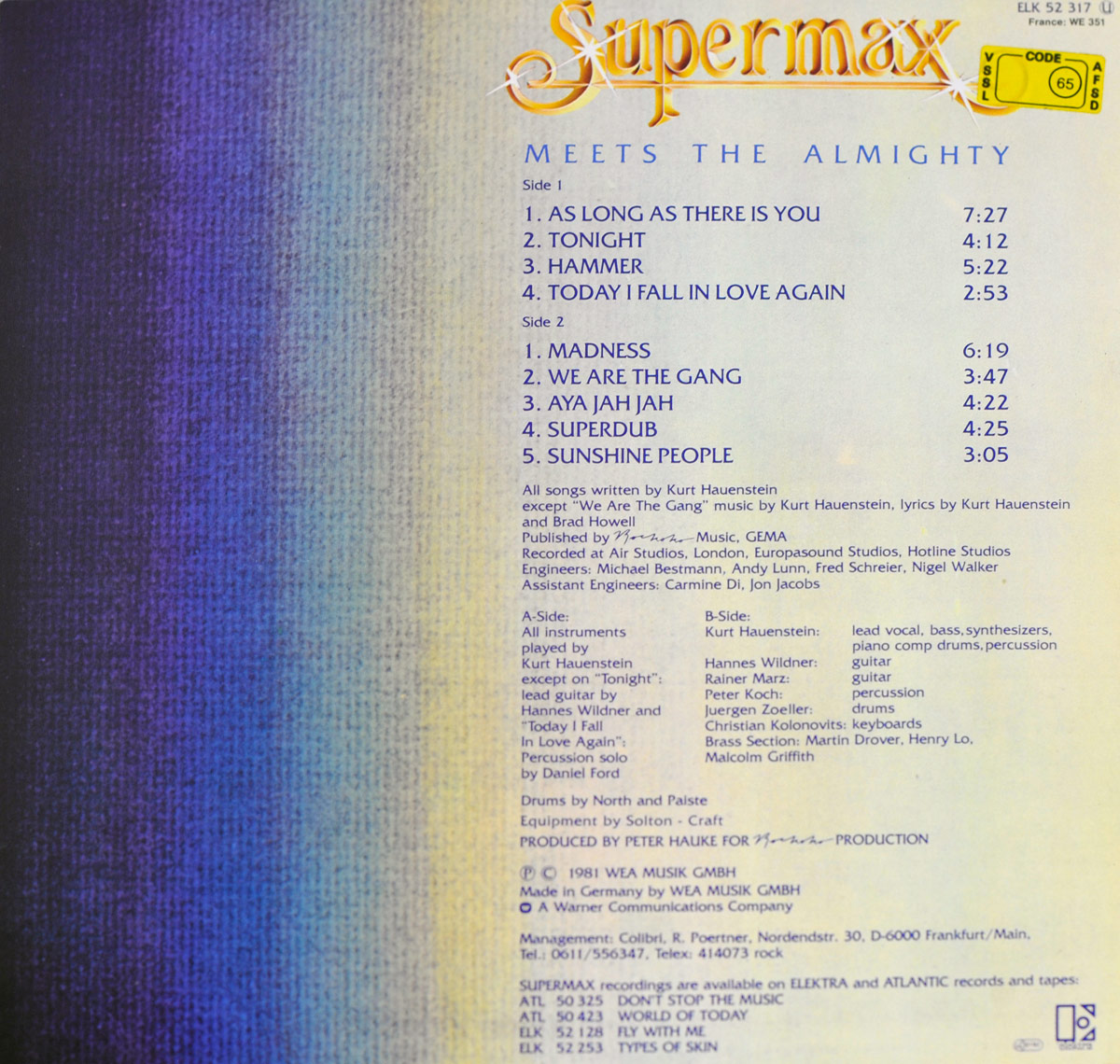 Back cover of 'Supermax - Meets Almighty'. Features a textured blue and yellow gradient background with tracklist, musician credits, recording details, and production notes in dark blue text. The 'Supermax' logo appears in gold at the top, with a yellow price sticker in the upper right corner.