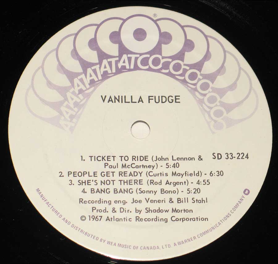 Close up of Side One record's label VANILLA FUDGE - S/T Self-Titled 12" Vinyl LP Album