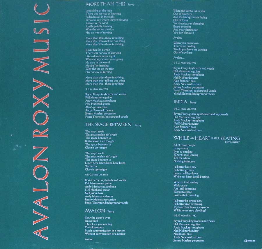 ROXY MUSIC - Avalon France Release 12" LP Vinyl Album custom inner sleeve