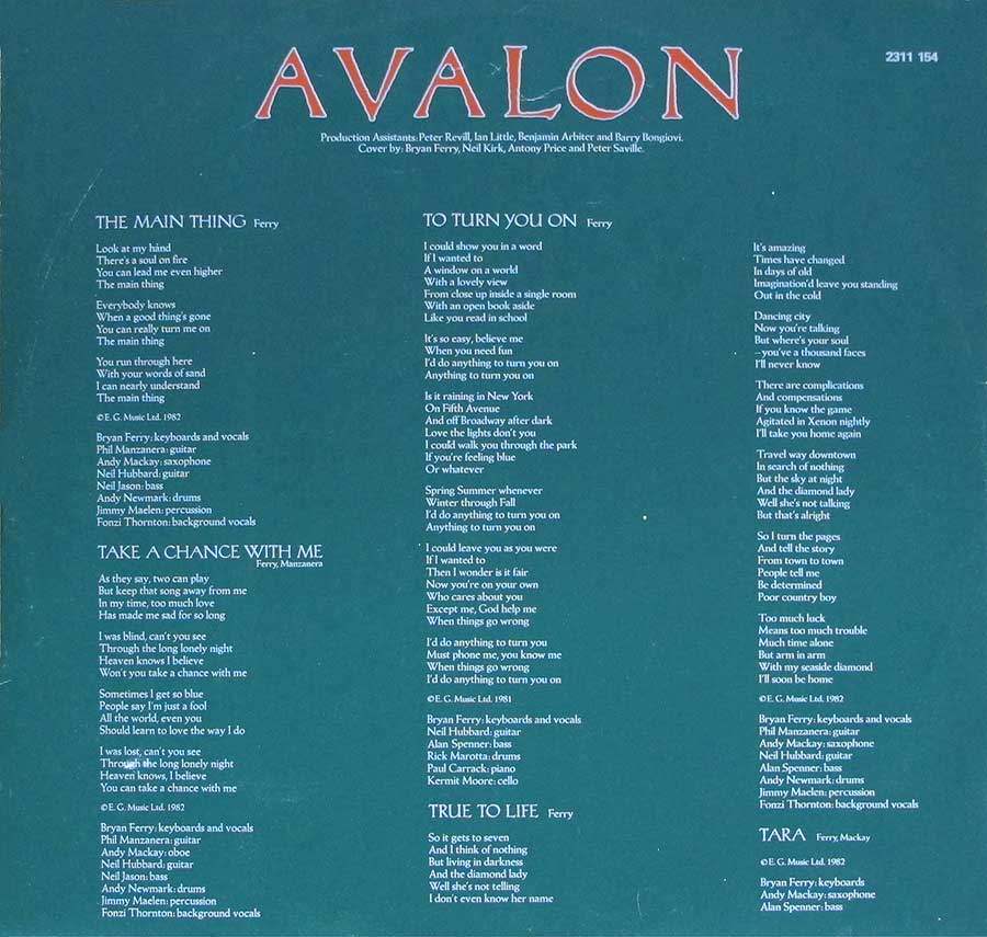 ROXY MUSIC - Avalon France Release 12" LP Vinyl Album custom inner sleeve