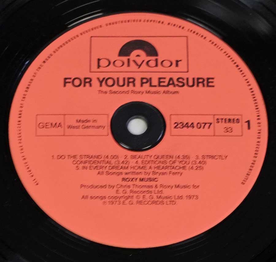 ROXY MUSIC For Your Pleasure Gatefold 12" LP Vinyl Album enlarged record label