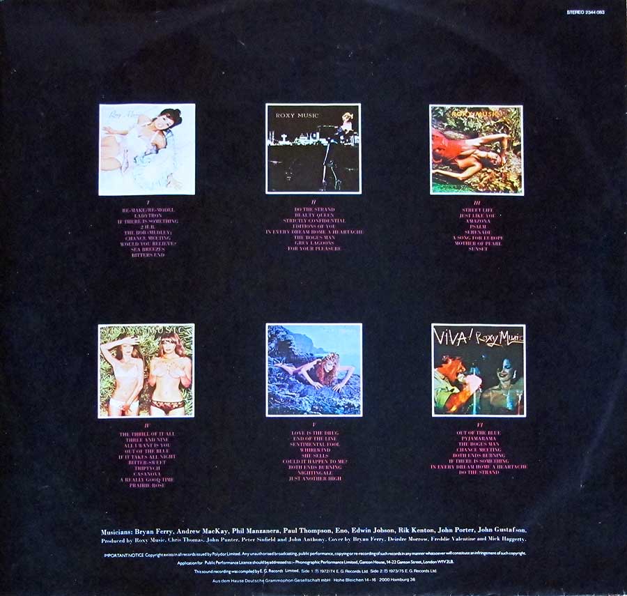 ROXY MUSIC Greatest Hits 12" LP Vinyl Album custom inner sleeve