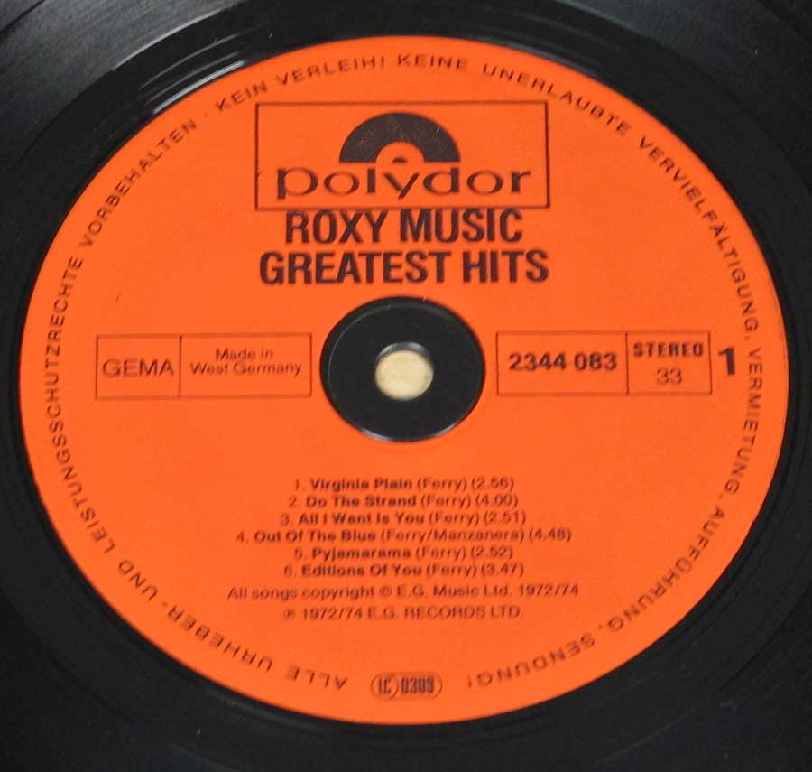 ROXY MUSIC Greatest Hits 12" LP Vinyl Album enlarged record label