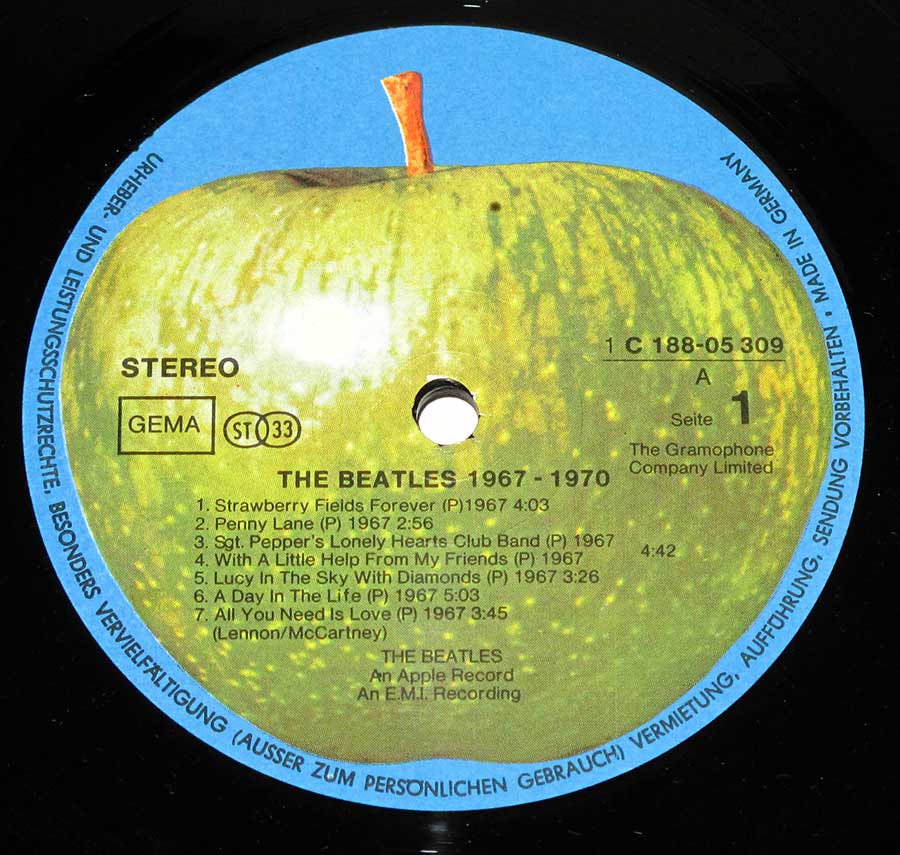 Close-up Photo of "The BEATLES - 1967-1970" Record Label  