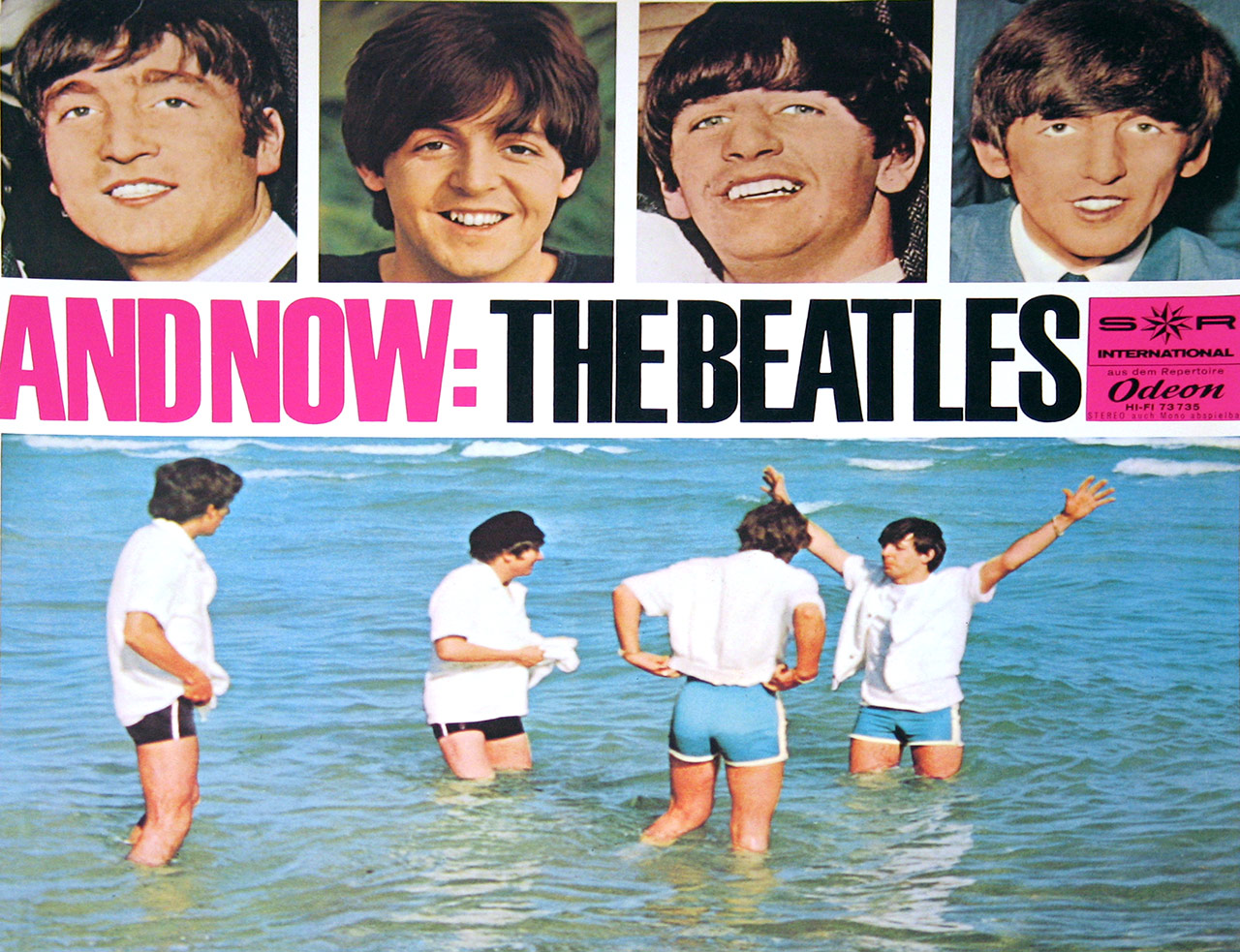 Album cover for And Now: The Beatles featuring individual portraits of John Lennon, Paul McCartney, Ringo Starr, and George Harrison on the top half, and a playful beach scene with the band members standing in shallow water on the bottom half. Bold pink and black text displays the album title, with the S*R International and Odeon Records logos in the corner.