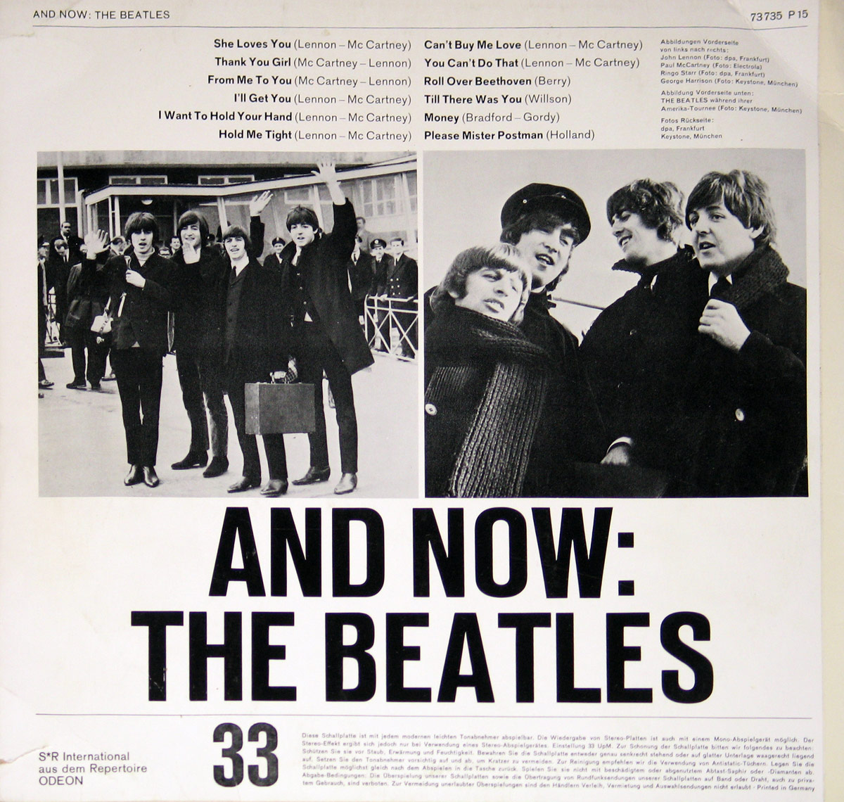 Back cover of And Now: The Beatles featuring two black-and-white photographs. The left image shows The Beatles waving while dressed in black coats, standing outdoors with a suitcase nearby. The right image is a close-up of the band members bundled in coats and scarves, smiling and interacting in a casual, candid moment.