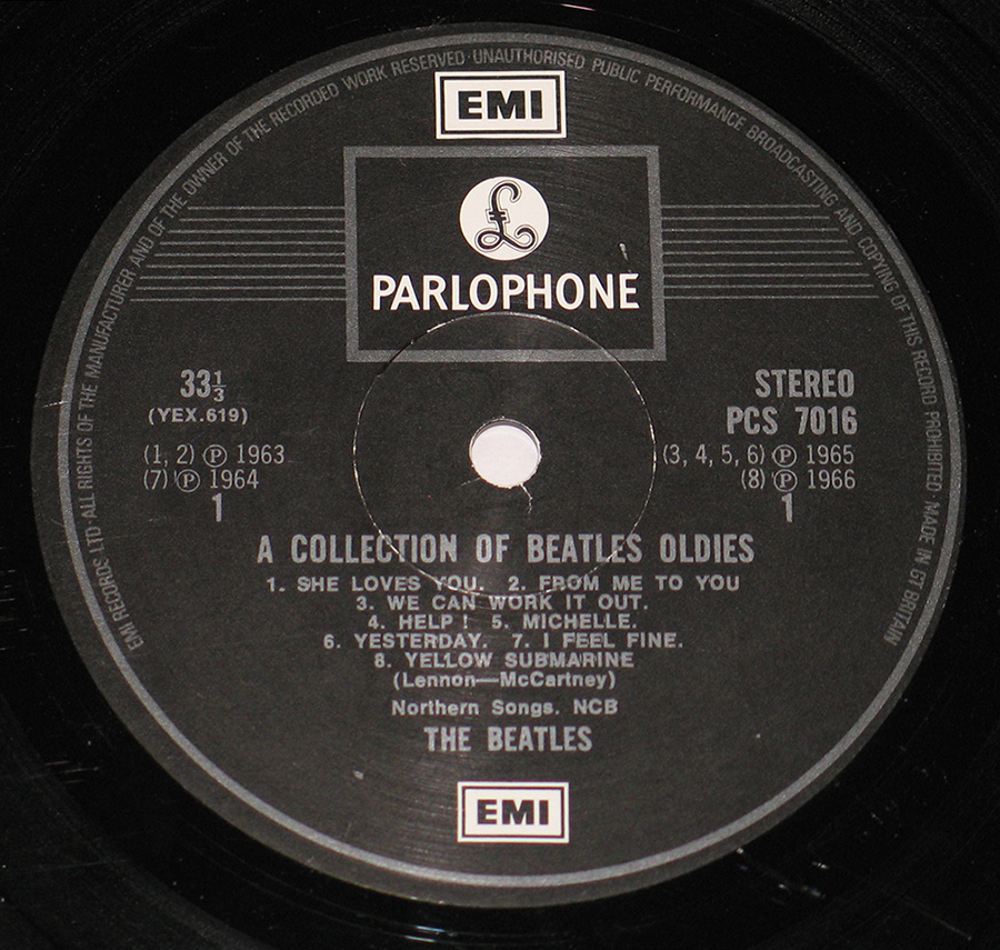 Close up of record's label BEATLES - Collection Of Beatles Oldies 12" Vinyl LP Album Side One