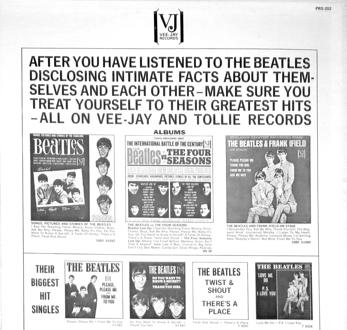 Back cover of 'Hear The Beatles Tell All' 12-inch vinyl LP. Features a promotional advertisement from Vee-Jay Records, highlighting Beatles albums and singles, with bold black typography on a white background. Includes images of various Beatles album covers.