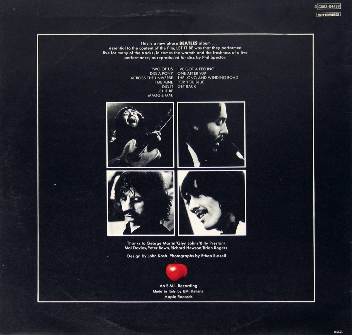 Back cover of The Beatles' 'Let It Be' Italian release. The black-bordered design features a white-framed layout with four black-and-white photographs of each band member arranged in a square. The tracklist is printed in white, centered at the top, followed by production credits. A notable feature is the bright red Apple Records logo at the bottom, standing out against the monochrome background.