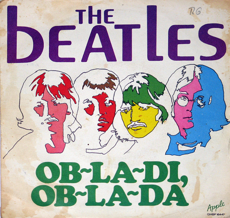 Cover art for The Beatles' single 'Ob-La-Di, Ob-La-Da,' featuring a colorful, stylized illustration of the band's members. Each member is outlined in black and filled with bold, contrasting colors: red, yellow, green, and blue. The text 'The Beatles' is printed in large purple letters above, with the song title in green capital letters below. The Apple Records logo appears in the bottom right corner.