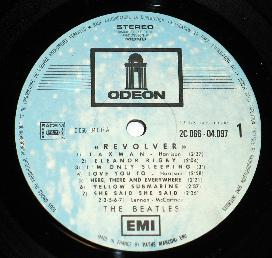 Close up of record's label BEATLES - Revolver French Odeon 12" Vinyl LP Album Side One
