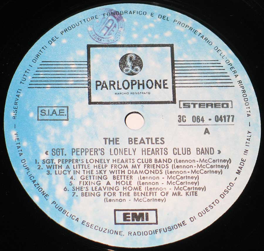 Close up of record's label BEATLES - Sgt Pepper's Lonely Hearts Club Band Italy with Cut-outs page Side One