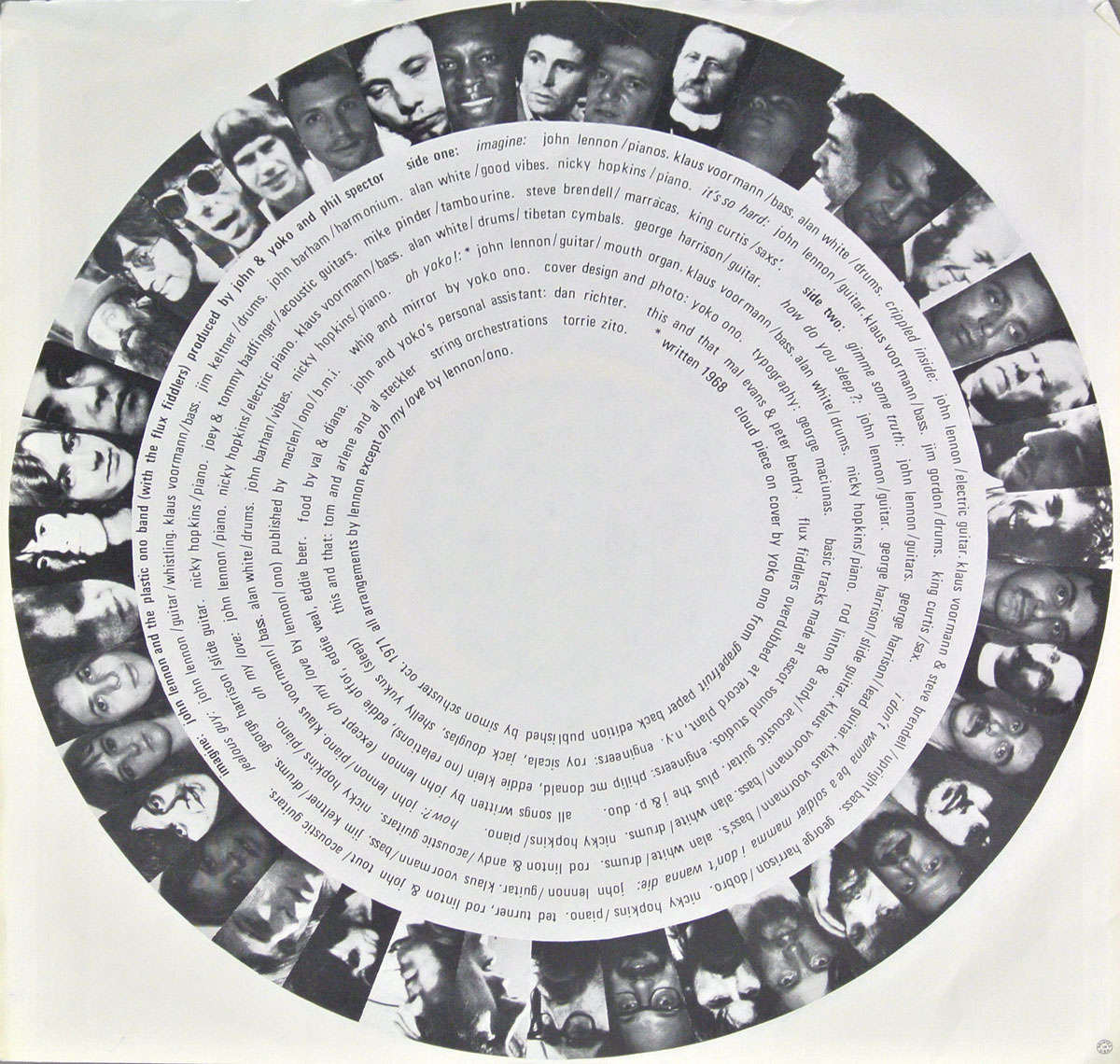 Custom inner sleeve of John Lennon's 'Imagine' album. Features a circular design with song credits and musician names spiraling inward. Surrounding the text are black-and-white photos of various individuals, forming a border around the sleeve's edge.