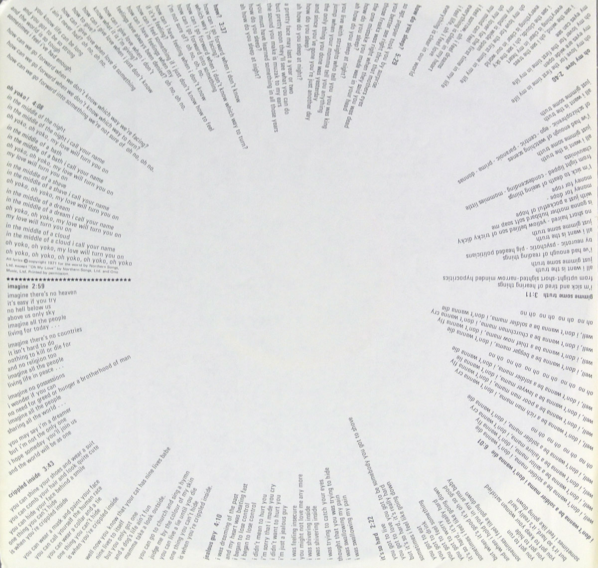 Custom inner sleeve of John Lennon's 'Imagine' album. Features a white background with song lyrics arranged in a radial pattern, spiraling outward from the center. Each section contains lyrics in different orientations, creating a visually dynamic design.