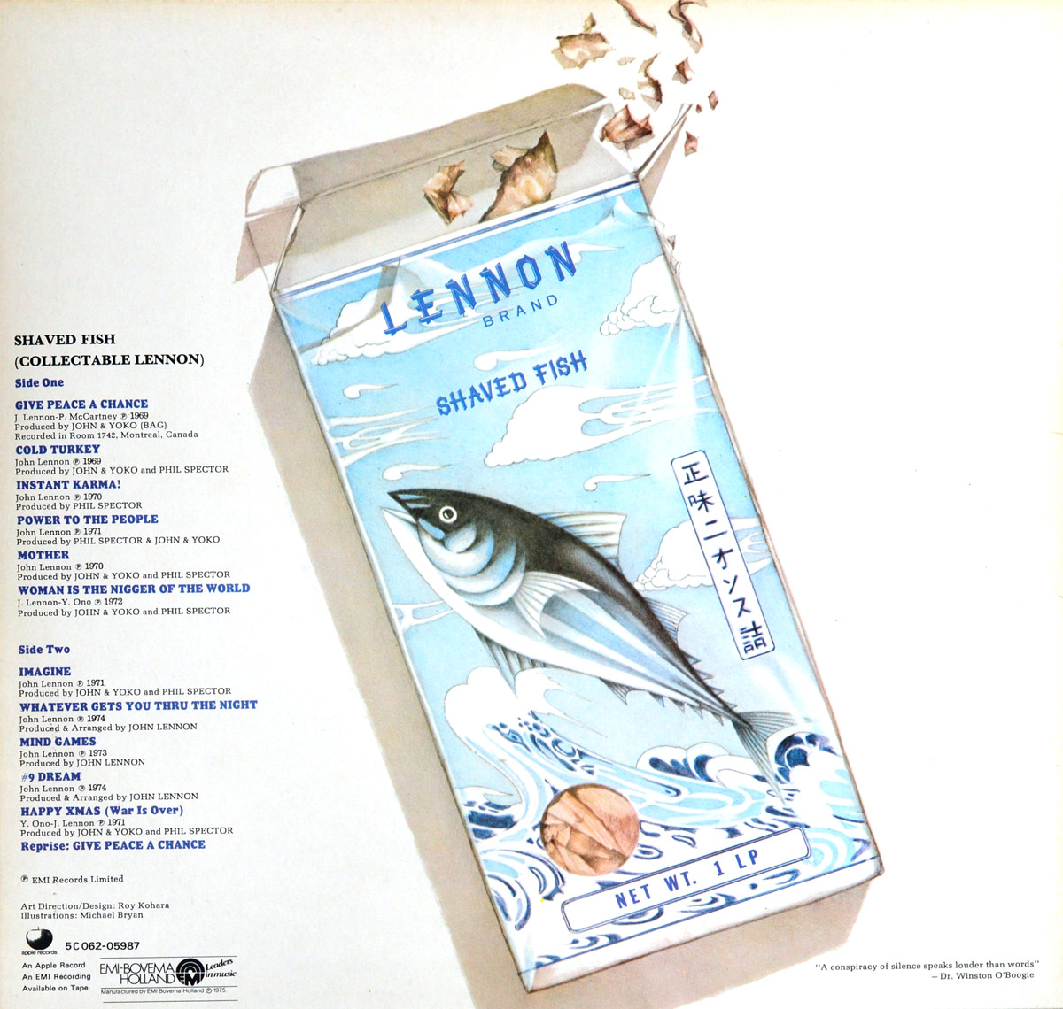 Back cover of John Lennon's 'Shaved Fish' album featuring a surreal illustration of a cigarette-pack-like container labeled 'Lennon Brand Shaved Fish.' The package is partially opened with torn paper edges, revealing contents inside. A stylized fish illustration swims against a backdrop of blue waves and clouds, with Japanese characters on the side. The tracklist is printed on the left.