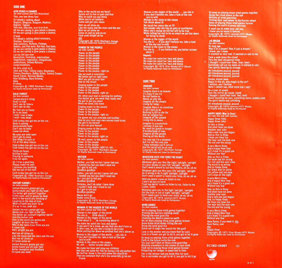 Inner sleeve of John Lennon's 'Shaved Fish' album featuring song lyrics printed in white text against a bold red background. The lyrics are neatly arranged in columns, covering all tracks from the album, including 'Imagine,' 'Give Peace a Chance,' and 'Happy Xmas (War Is Over).' The Apple Records logo appears at the bottom right.