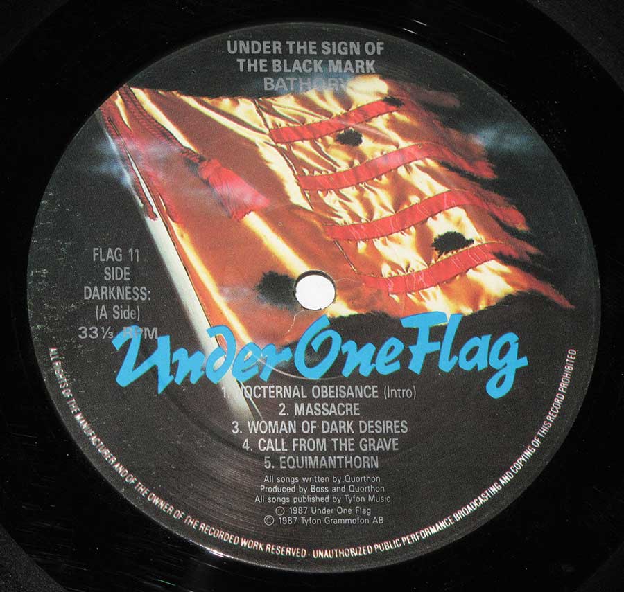 Close-up Photo of "BATHORY - Under the Sign of the Black Mark" Record Label  