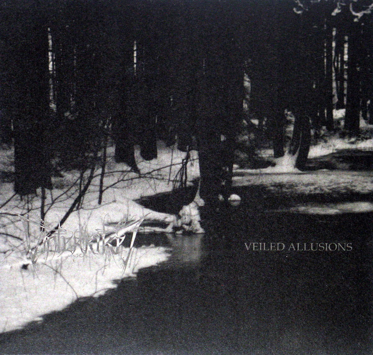 Album cover for Vinterriket’s Veiled Allusions, featuring a dark, black-and-white winter forest scene with shadowed trees, snow-covered ground, and patches of reflective water. The band’s gothic logo is faintly visible in the lower left corner, and the album title appears subtly in small uppercase letters on the right side, conveying an eerie and atmospheric mood.