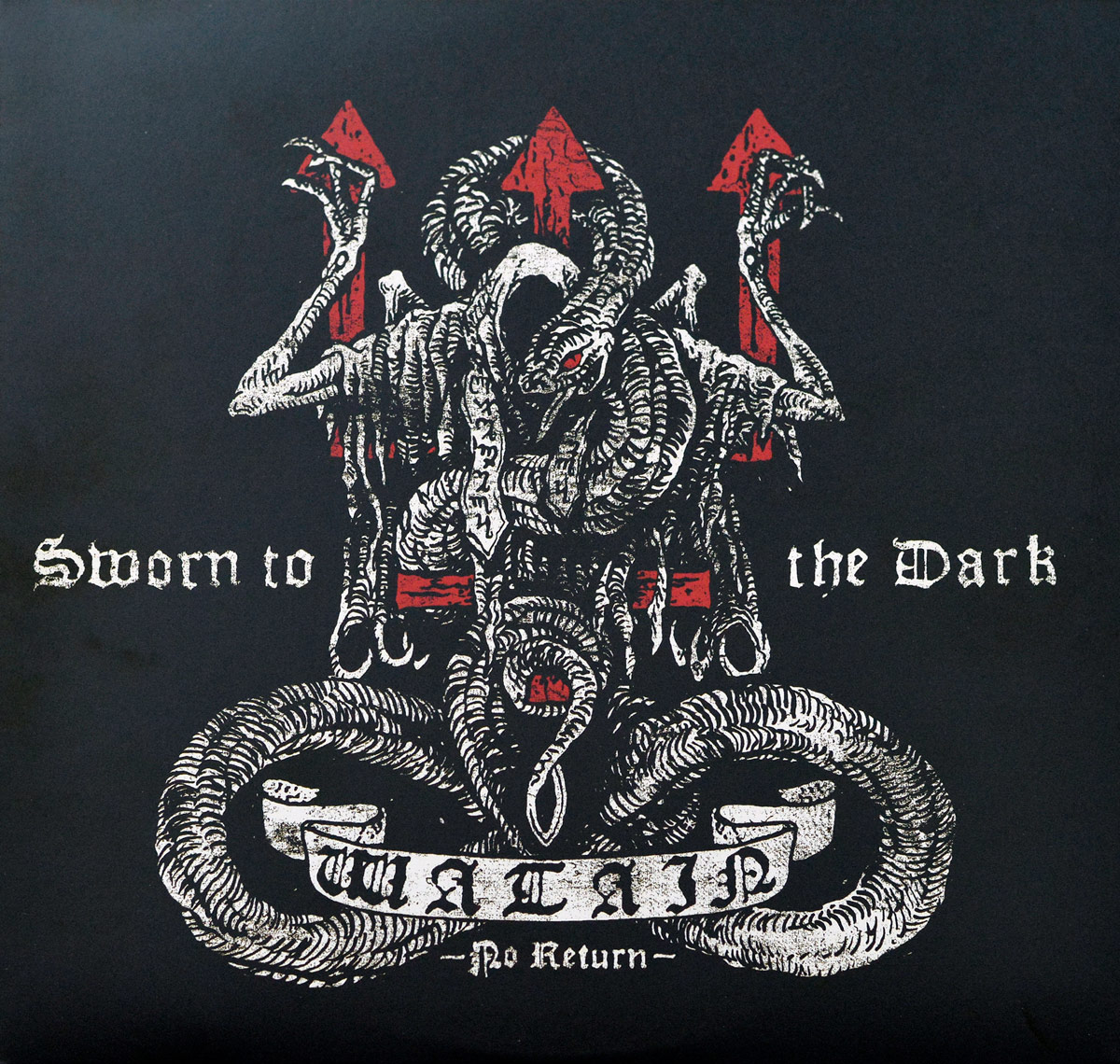 Front cover of Watain's 'Sworn to the Dark' album. Features a dark, intricate illustration of a demonic figure with skeletal features, multiple horns, and serpent-like elements, set against a black background. Three red arrows point upward behind the figure, and gothic-style text reads 'Sworn to the Dark' with 'Watain - No Return' on a banner at the bottom.