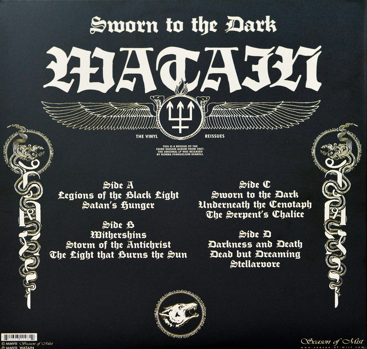 Back cover of Watain's 'Sworn to the Dark' album. Features a black background with ornate gothic typography listing the track titles across four sides. The band's name 'Watain' is prominently displayed in a bold, medieval-style font, accompanied by a flaming trident with wings. Two vertical serpentine designs with dragon heads flank the sides, and a wolf emblem appears at the bottom.