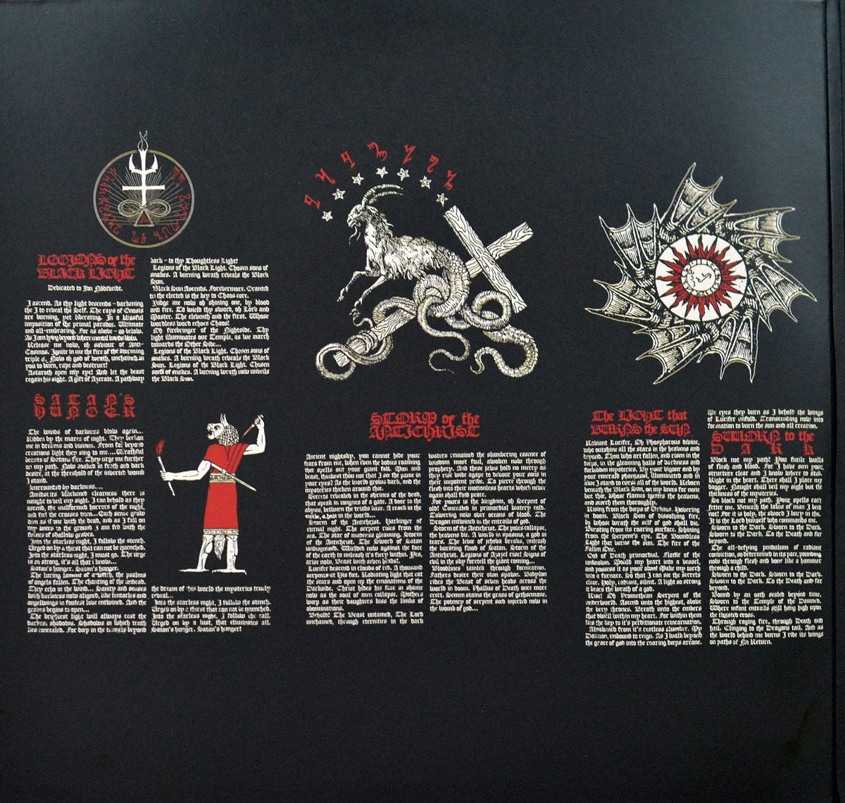 Inside cover of Watain's 'Sworn to the Dark' album. Features a dark, gothic design with occult-inspired illustrations and dense, ancient-style text. Prominent symbols include a coiled serpent-goat hybrid over a cross, a radiating bat-winged eye, and a skeletal, red-robed figure holding a torch. The layout consists of multiple sections of text, with headings in red.