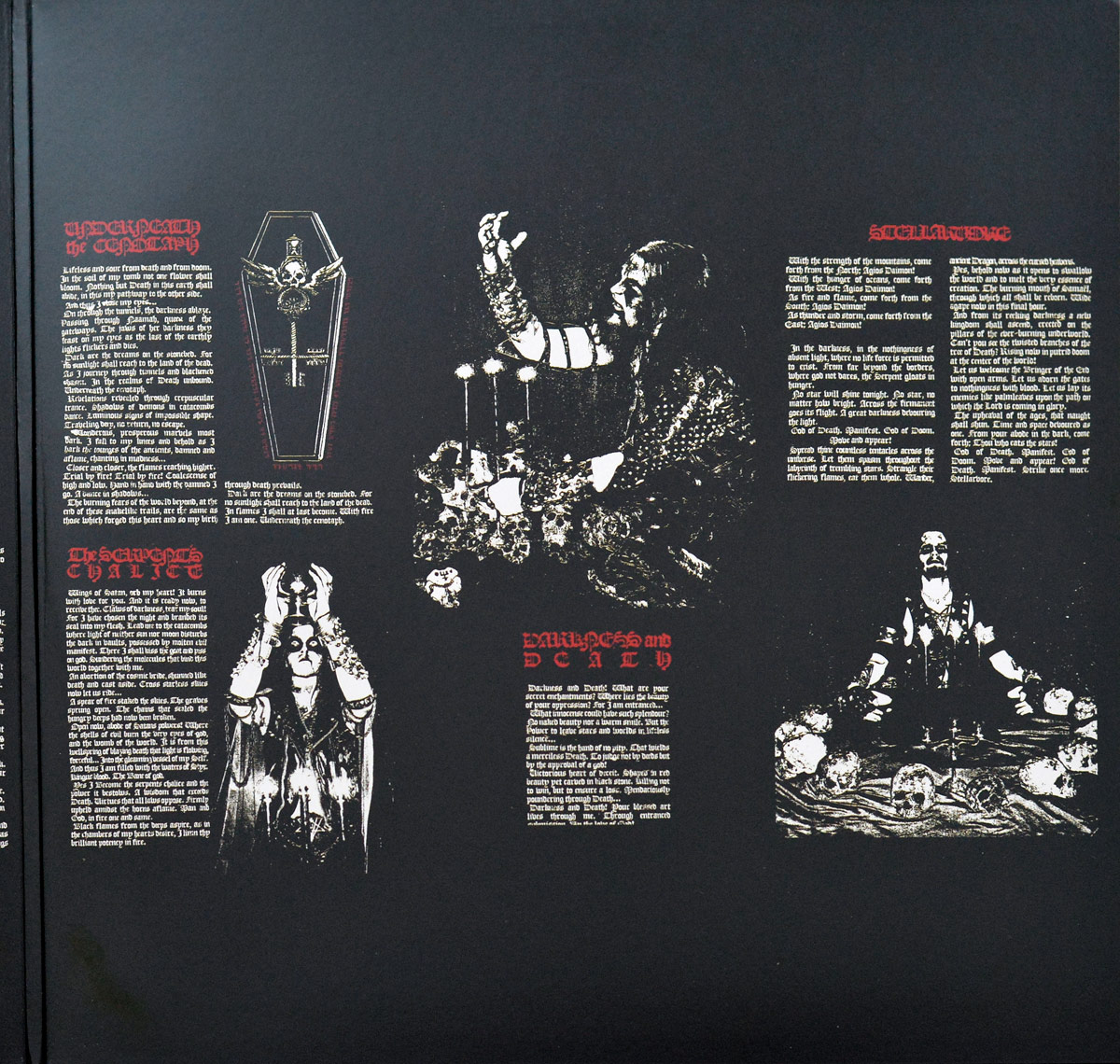 Inside cover of Watain's 'Sworn to the Dark' album. Features a dark, occult-inspired layout with ritualistic imagery, gothic-style text, and red-lettered headings. Central elements include a black metal figure performing a ritual, a coffin with a skull emblem, and depictions of hooded figures with skulls and candles, reinforcing the album's esoteric and sinister themes.