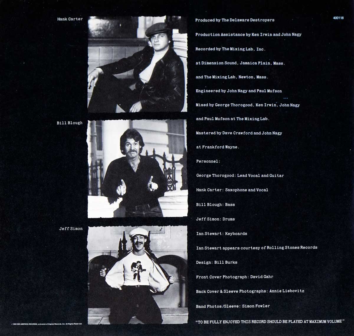 Inner sleeve photo of the 1982 LP 'Bad to the Bone' showing black-and-white portraits of Hank Carter, Bill Blough, and Jeff Simon alongside detailed production credits including engineers, studios, and photographers.