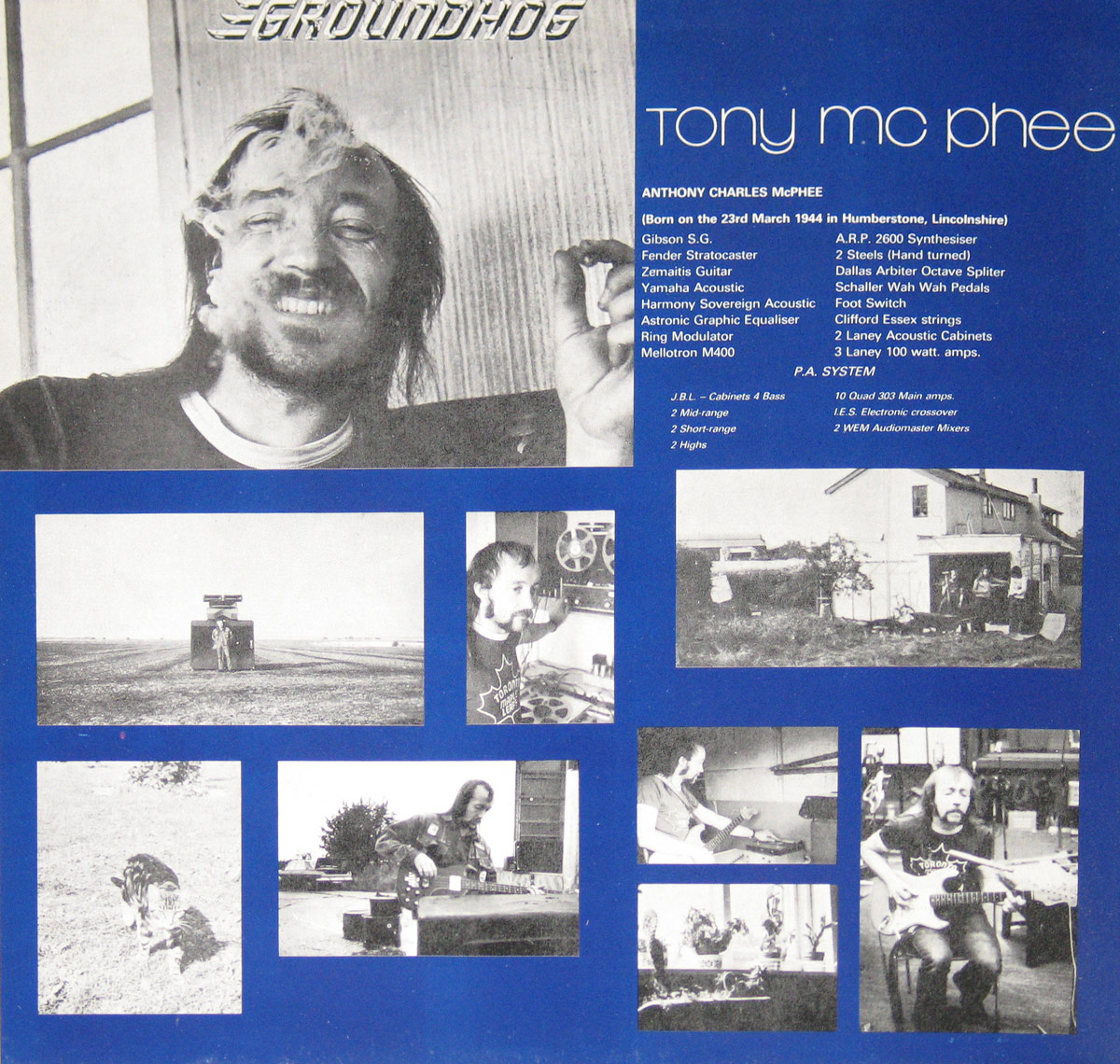 Inner sleeve of the Groundhogs' 1972 album 'Hogwash,' featuring a blue-and-white collage of photographs of Tony McPhee, including a main portrait of him grinning with a cigarette, and various smaller images of him playing guitar, recording, and outdoors. Equipment specifications are listed in white text.