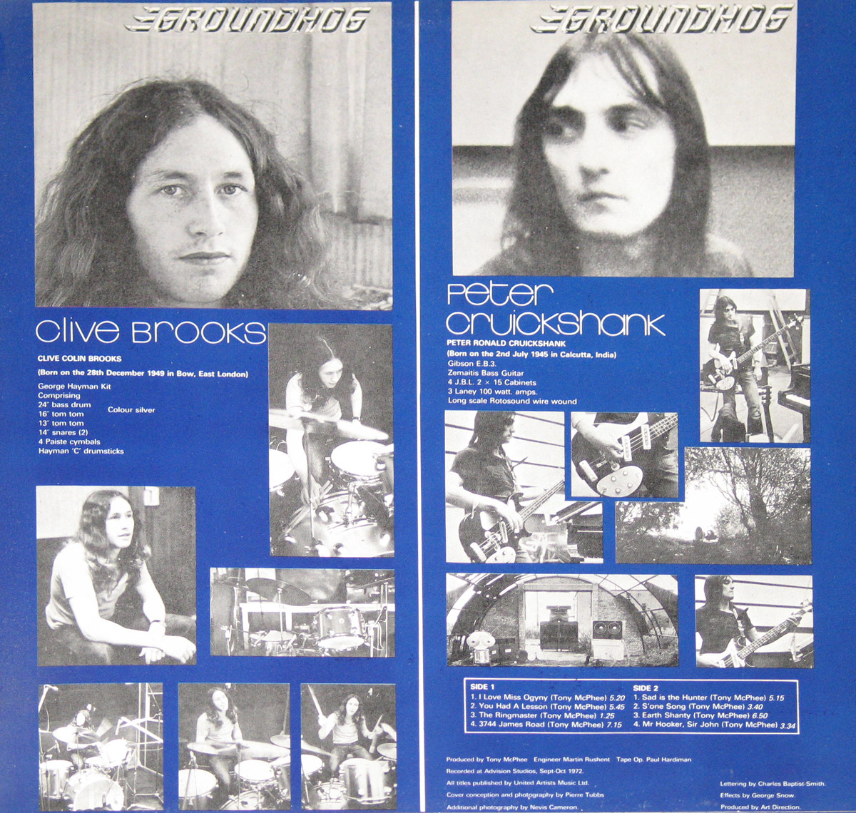 Inner sleeve of the Groundhogs' 1972 album 'Hogwash,' featuring black-and-white halftone portraits of Clive Brooks and Peter Cruickshank, along with a collage of performance and candid shots. Equipment specifications are listed in white text on a deep blue background.