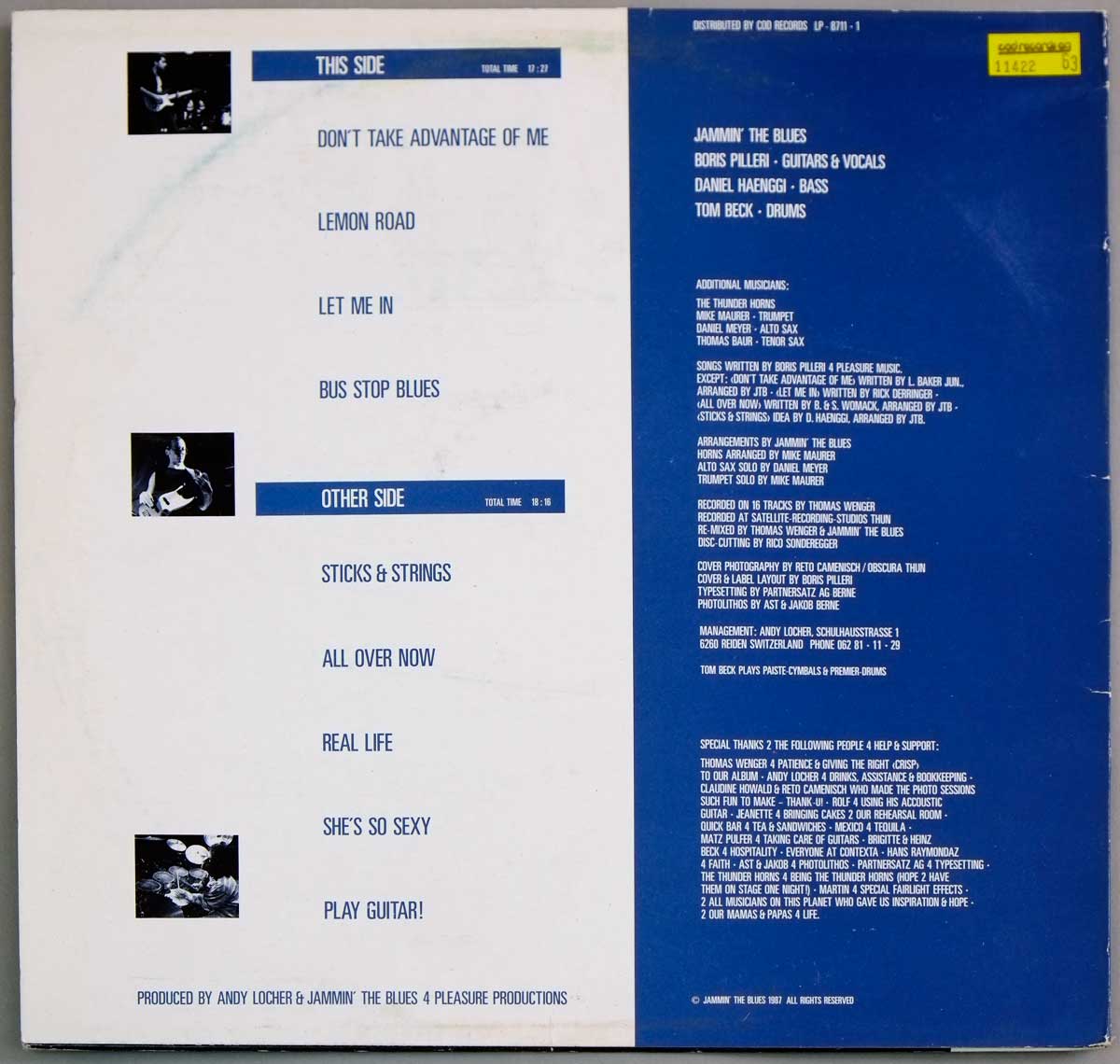 Back cover of JAMMIN' THE BLUES - Intensity LP showing tracklist, musician credits, production notes and a blue info panel with white text on a white background.