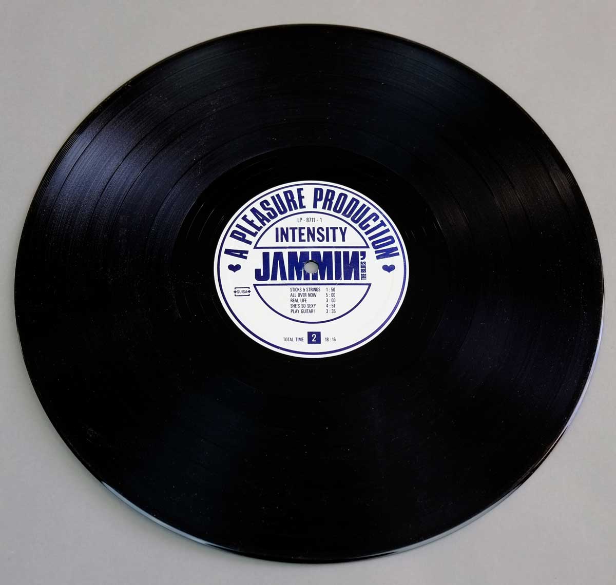 Side Two of JAMMIN' THE BLUES - Intensity LP showing a black vinyl record with a white and blue center label listing five tracks under A Pleasure Production imprint.