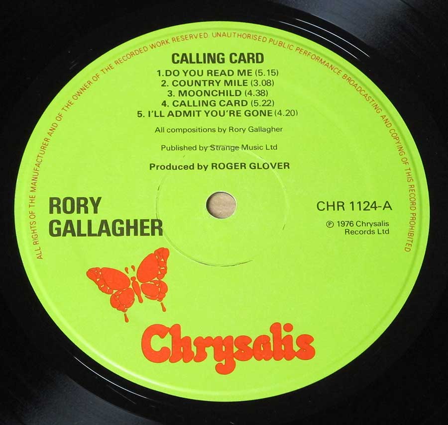 RORY GALLAGHER Calling Card UK England Release 12" LP Vinyl Album enlarged record label